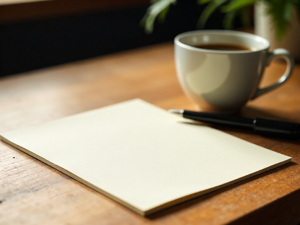 A blank card, a pen and a coffee on the studio desk