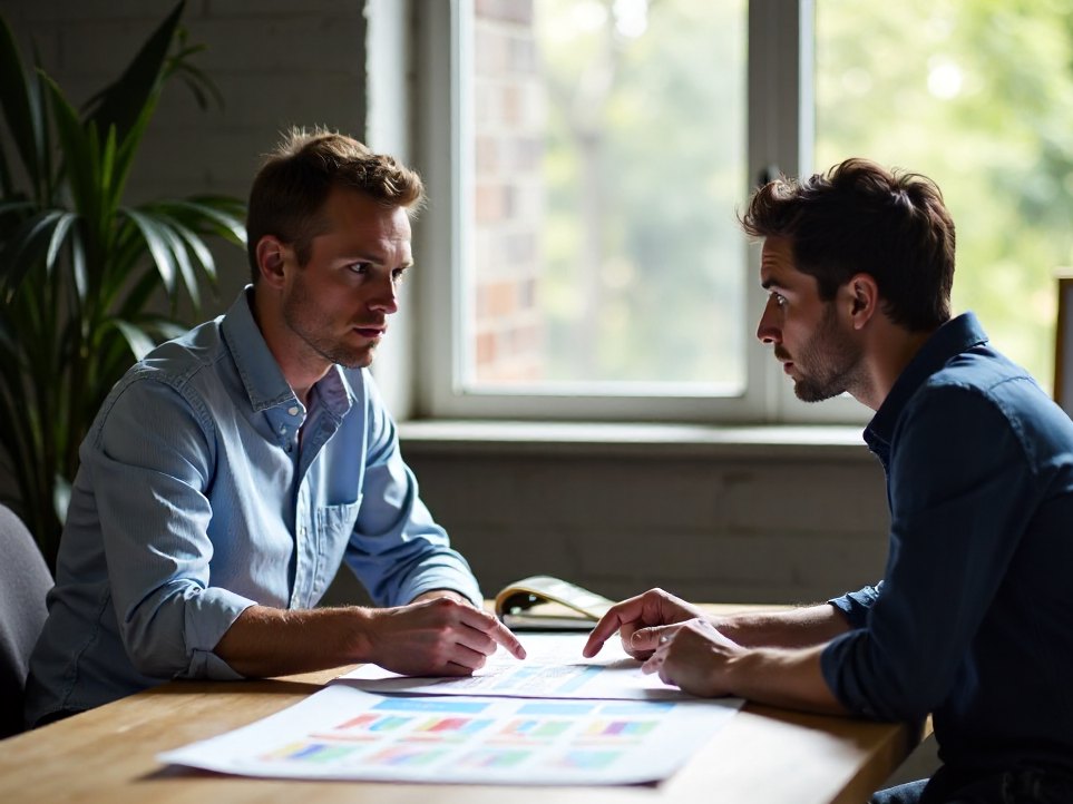 Two colleagues reviewing printed results across a table, plainly and without ceremony