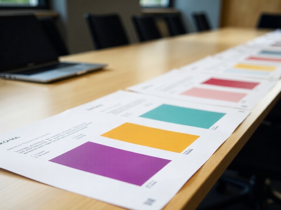 A printed presentation deck laid out in a row across a meeting table