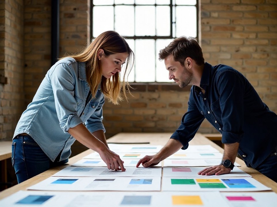 Two colleagues reviewing printed page layouts spread across a studio table