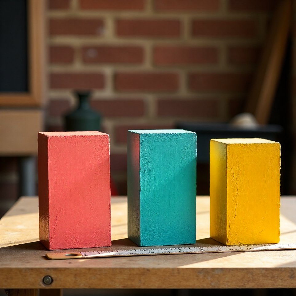 Three painted blocks in a row, one for each stage