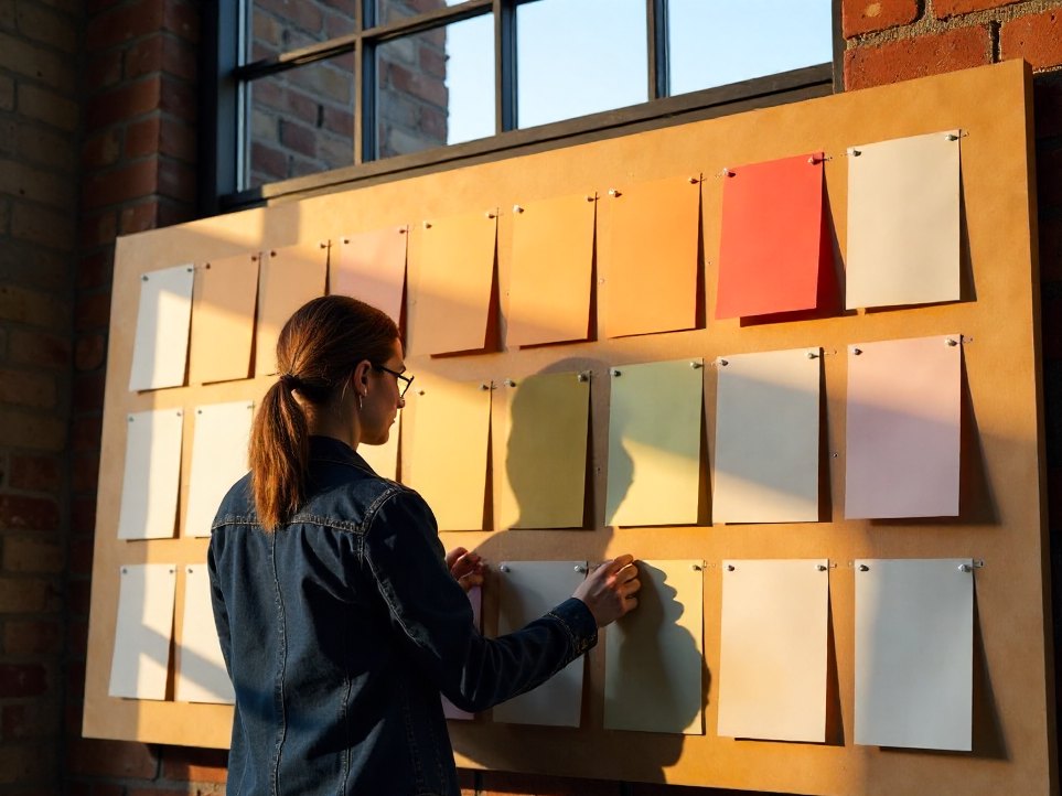 A designer laying out page sections on a studio pinboard