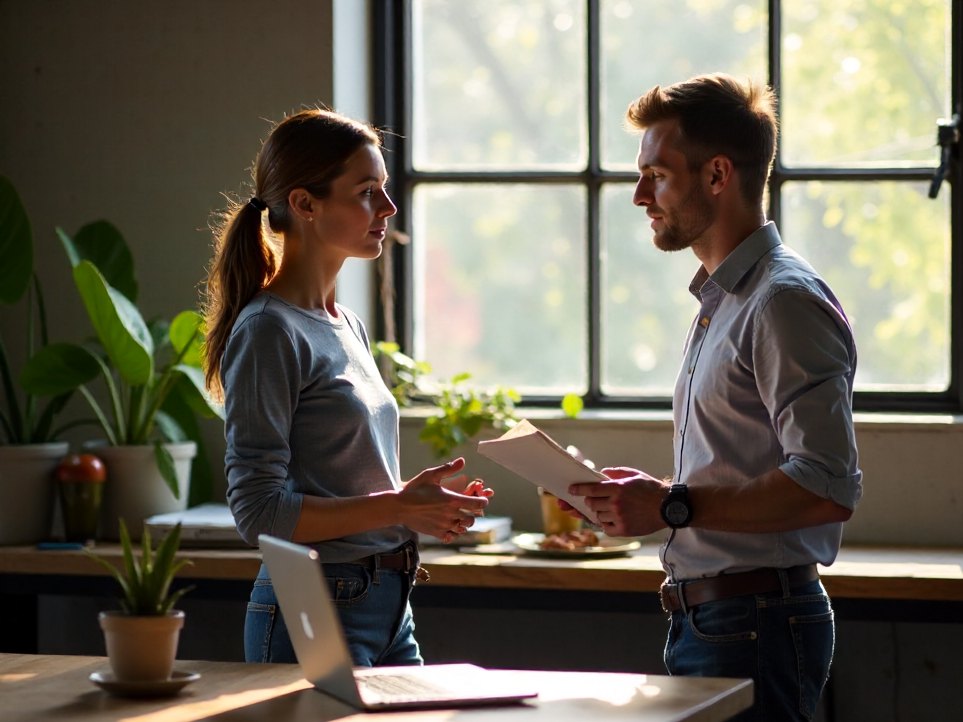 A short standing catch-up between colleagues at a studio desk