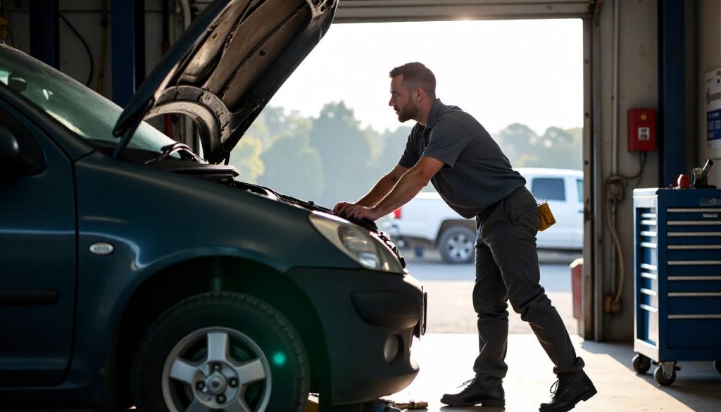 A mechanic inspecting an open engine bay in a workshop bay