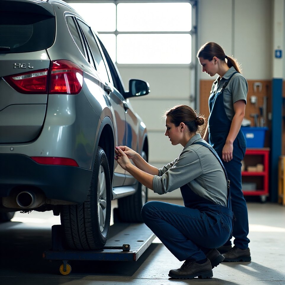 A mechanic and a colleague working together on a car in the workshop
