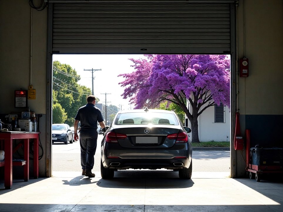 A car easing through a roller door onto the workshop apron