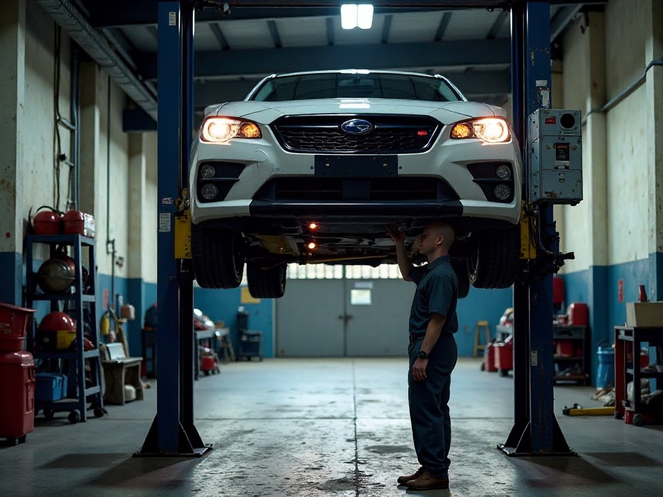 A car raised on a hydraulic lift with a mechanic inspecting the underside