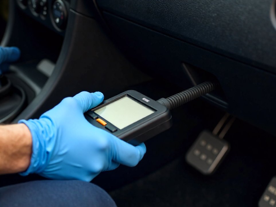 A mechanic connecting a diagnostic reader under the dashboard of a car