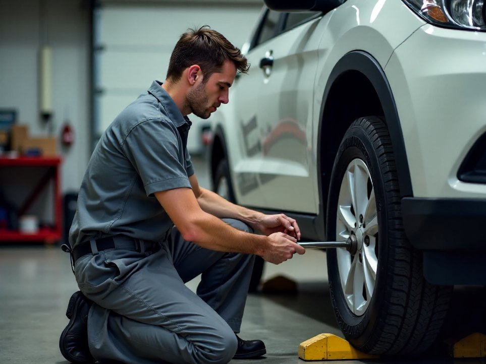 A mechanic tightening a wheel with a torque wrench