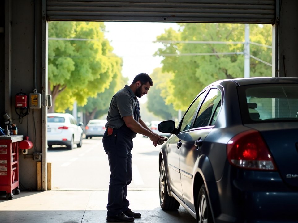 A mechanic wiping his hands beside a finished car on the workshop apron