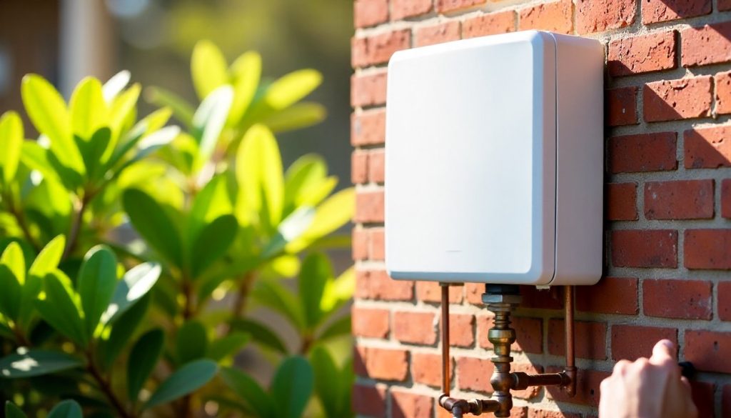 A gas continuous-flow hot water unit on the brick wall of a Brisbane home