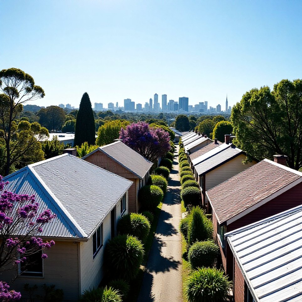 Tin roofs of inner-Brisbane houses among flowering jacarandas