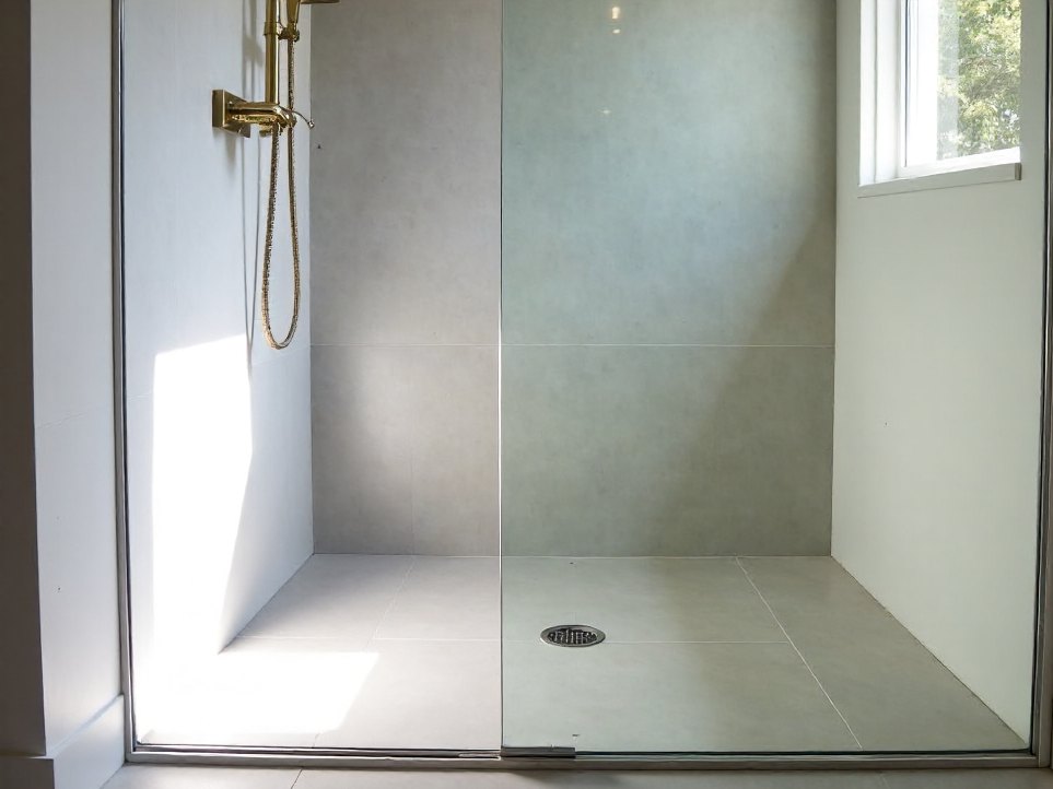 A level-entry walk-in shower with a linear floor drain