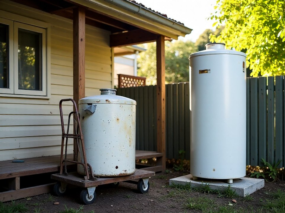 An old hot water cylinder moved out from under a Queenslander beside its new heat pump