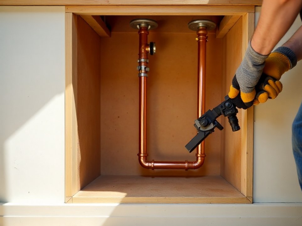 New copper pipework inside an open kitchen wall during a renovation