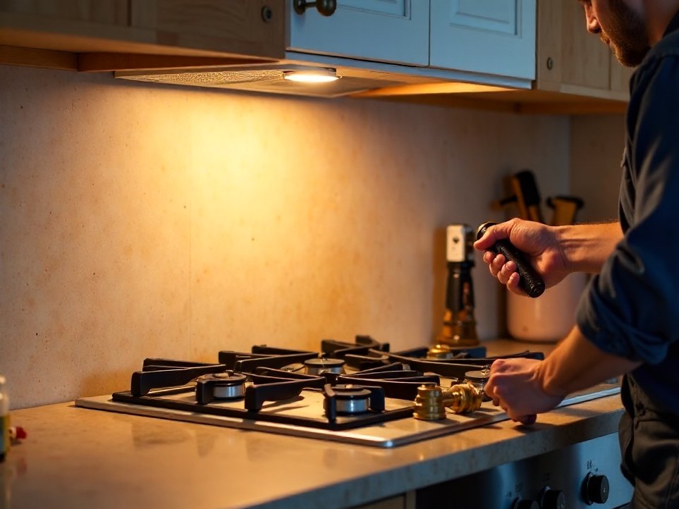A gasfitter connecting a new gas cooktop under a kitchen benchtop