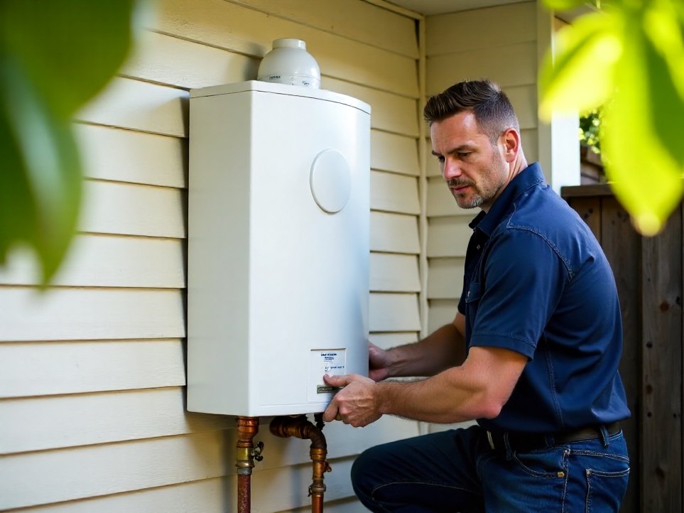 A plumber connecting a heat pump hot water system beside a raised Queenslander