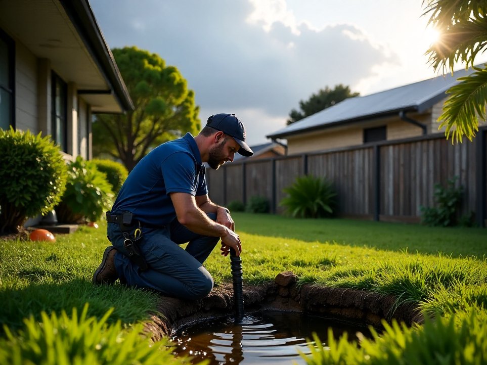 A plumber clearing a stormwater pit in a wet Brisbane backyard after rain