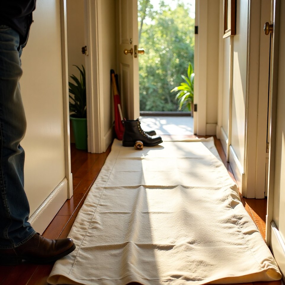 A plumber laying a drop sheet along a timber hallway before starting work