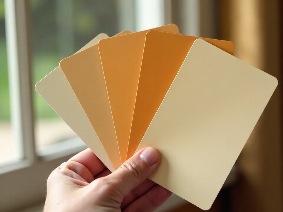 A hand holding a fan of plain paint colour squares