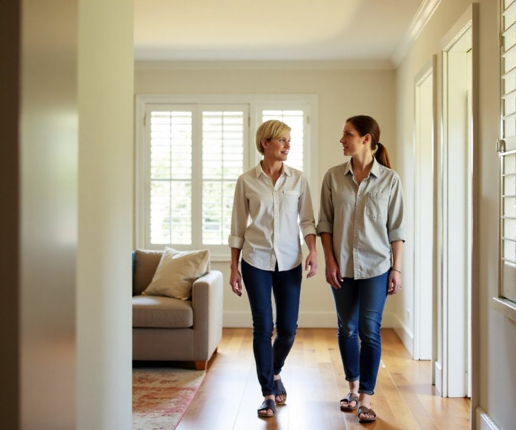 A designer and client walking through a finished Queenslander living room