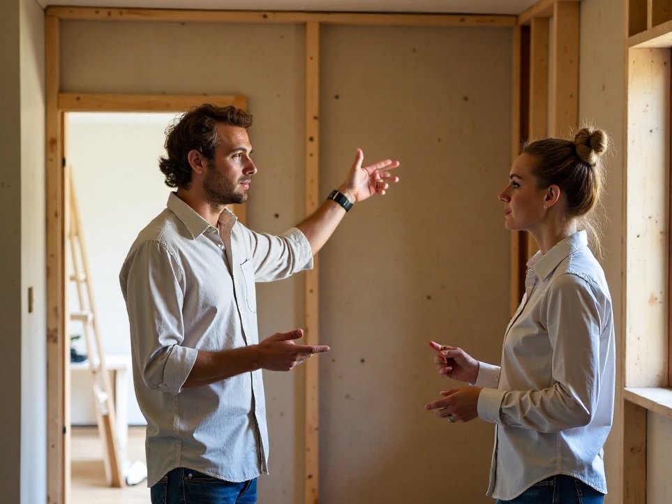 A designer and client walking through a partly finished renovation