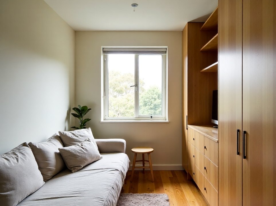 A finished small apartment living space made to feel larger