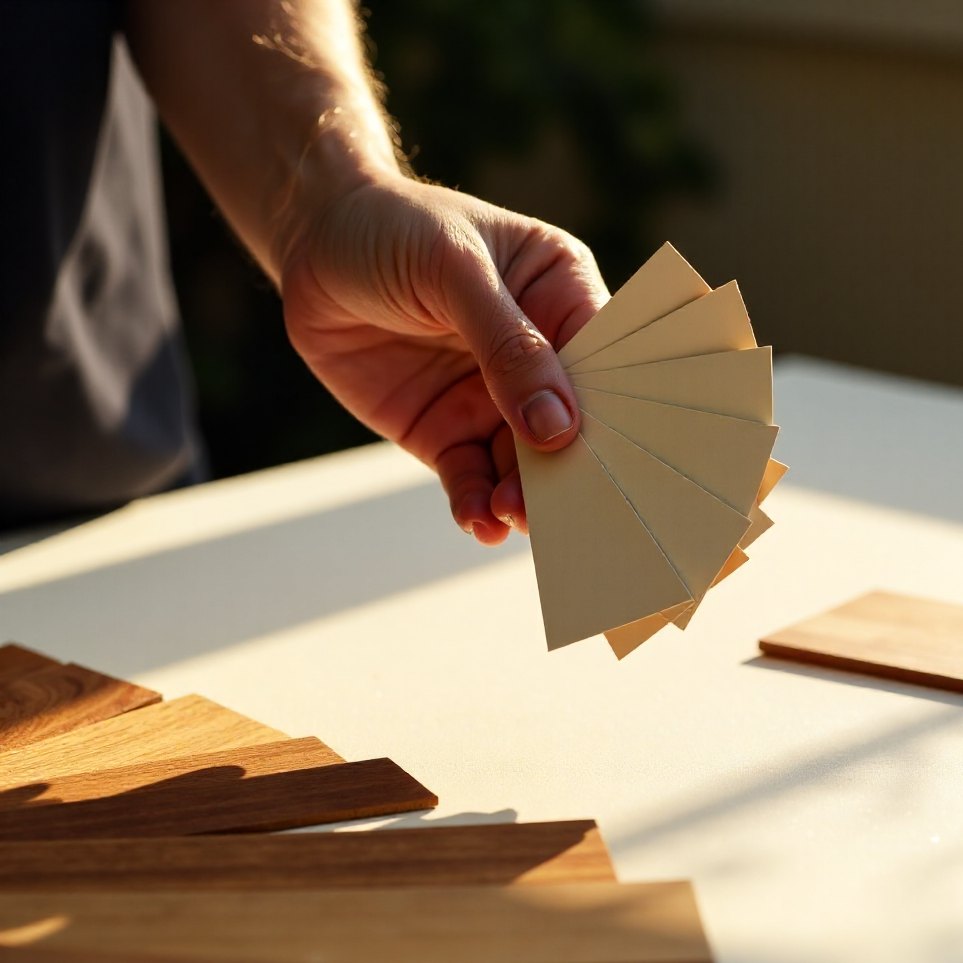 A hand holding a fan of plain colour swatches beside timber veneer samples