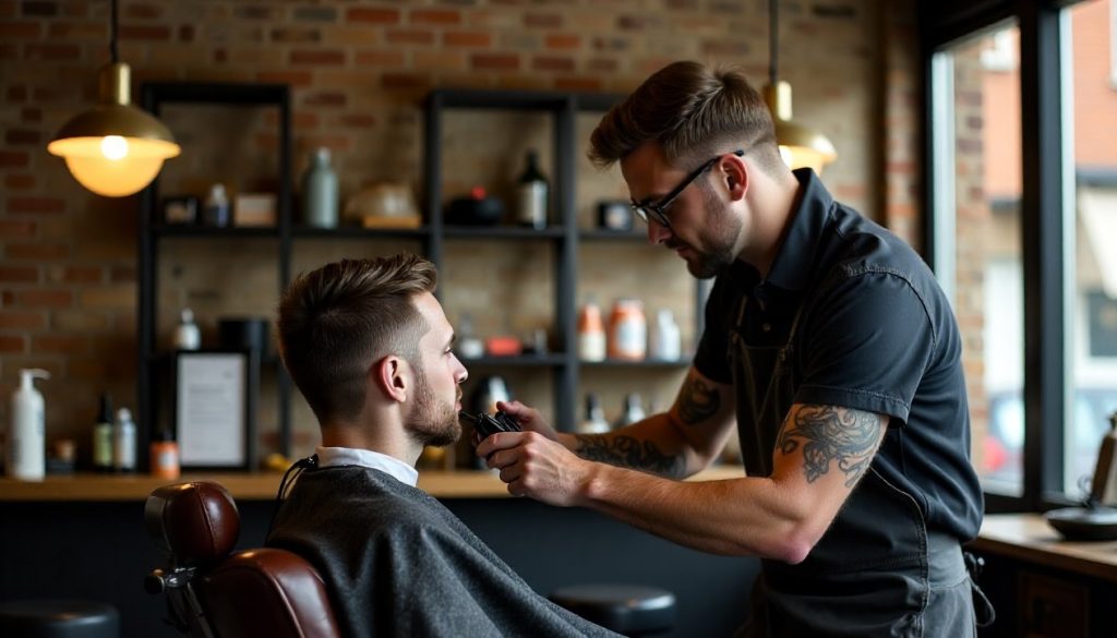 A barber mid-fade on a client seated in a leather barber chair under a pendant light