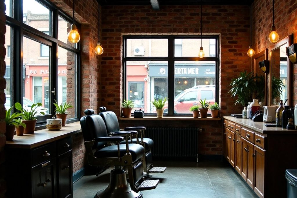 Wide view of the barbershop interior with exposed brick and leather chairs