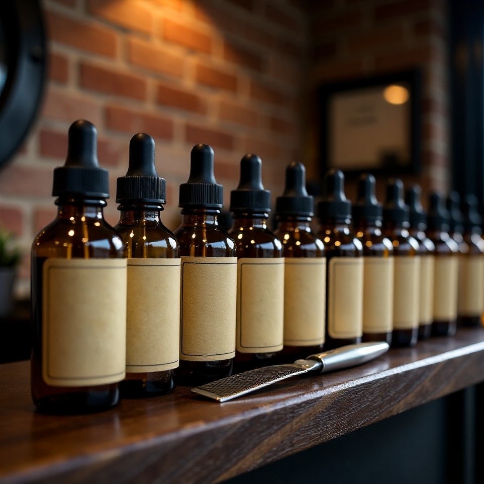 Unlabelled product bottles lined up on a barbershop counter