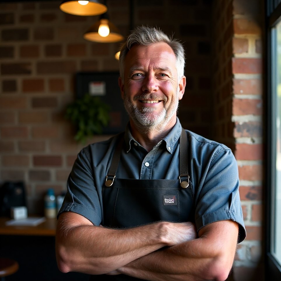 Portrait of a barber standing against an exposed brick wall