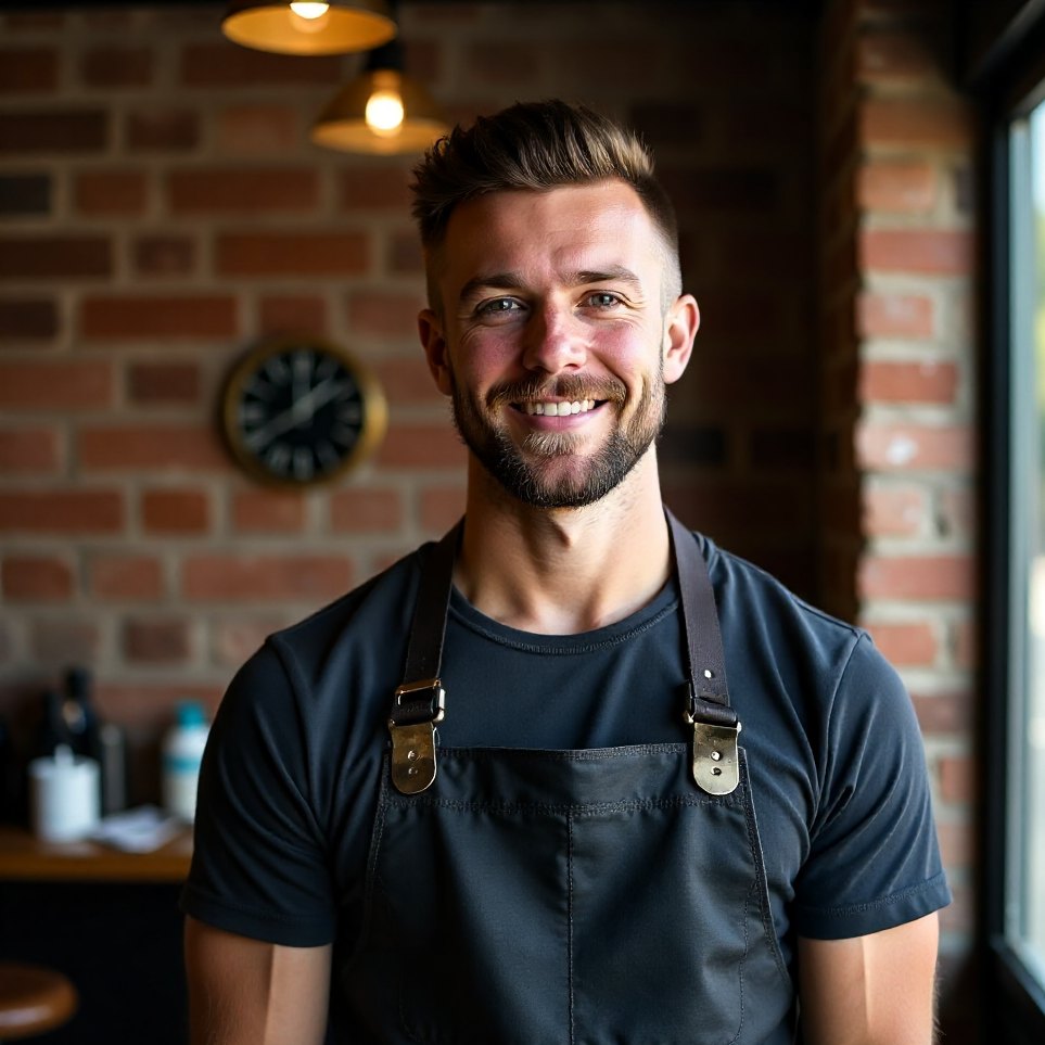 Portrait of a barber standing against an exposed brick wall
