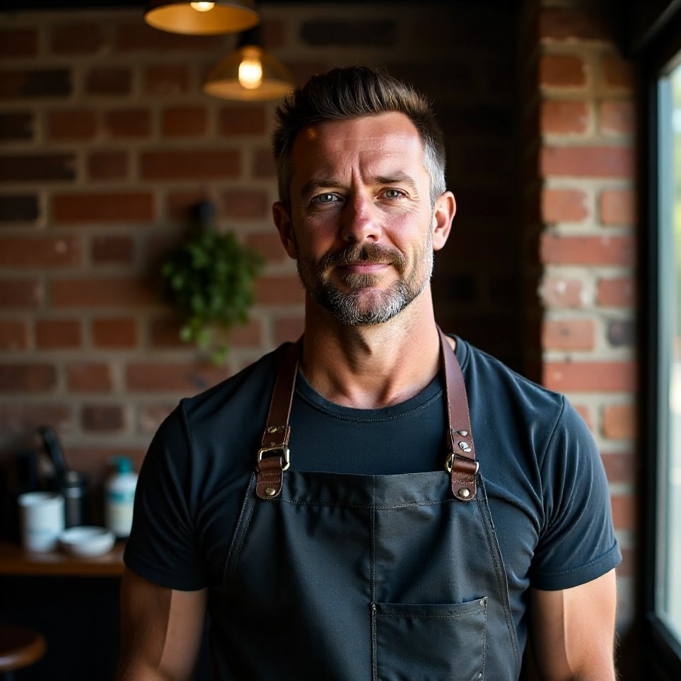 Portrait of a barber standing against an exposed brick wall