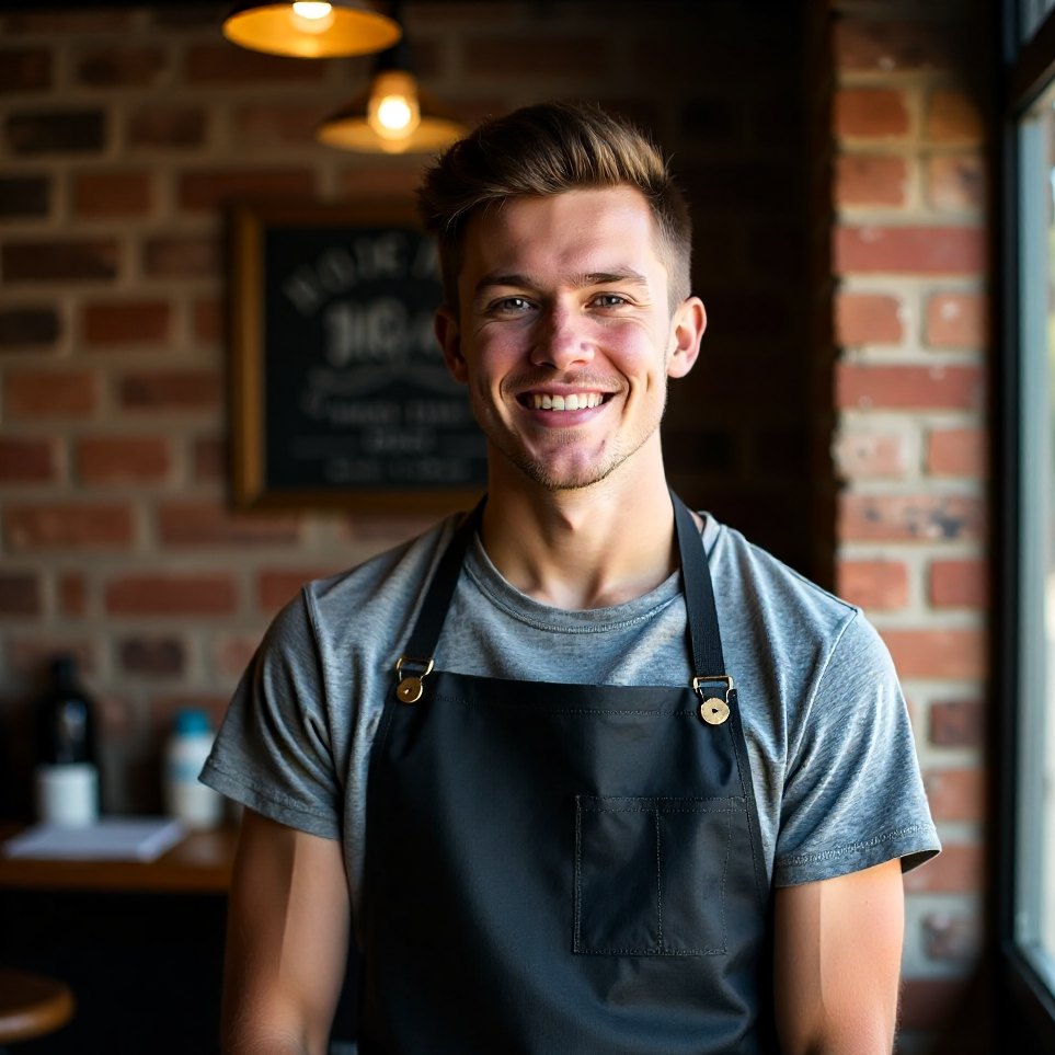 Portrait of a barber standing against an exposed brick wall