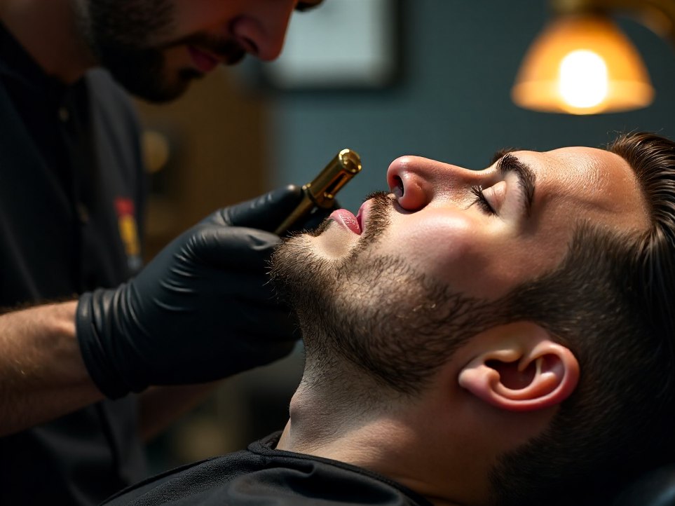 Close view of a straight razor mid-stroke during a beard line-up