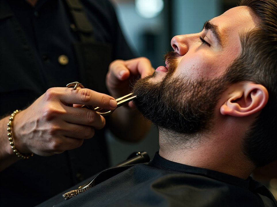 A barber's hands shaping a beard with scissors and a comb