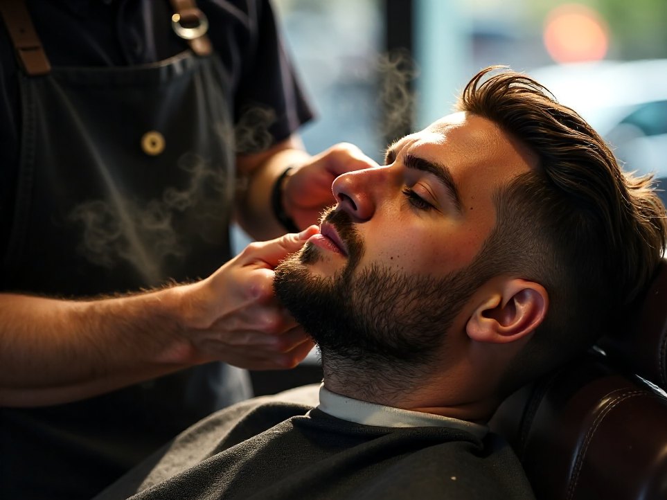 A hot towel resting over a client's lower face before a shave