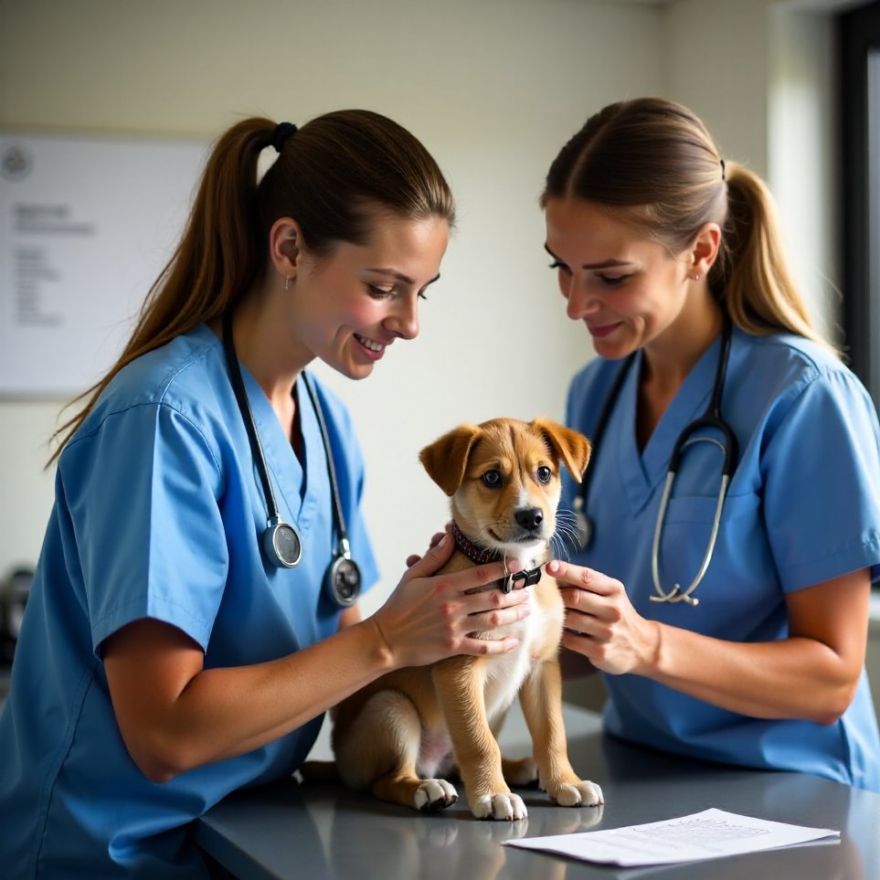 A veterinarian and nurse examining a puppy together at its first visit