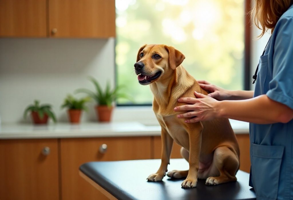 A calm dog on the consult table at Fernbrook Vets with greenery beyond the window