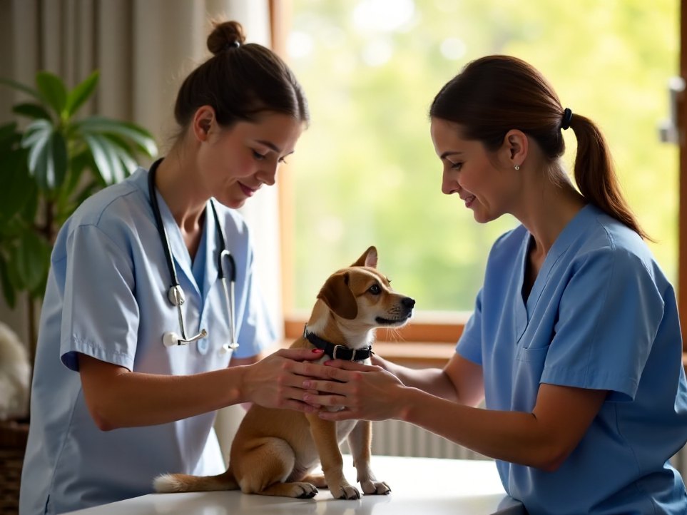 A veterinarian examining a small dog during a consultation