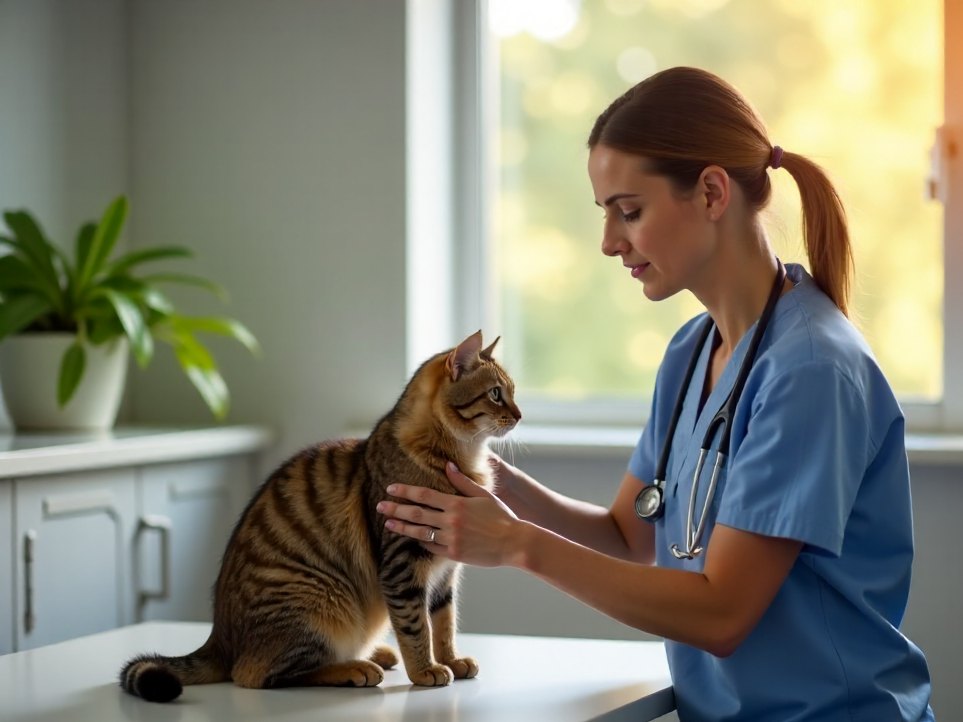 A veterinarian checking a cat during a health check in a separate quiet room