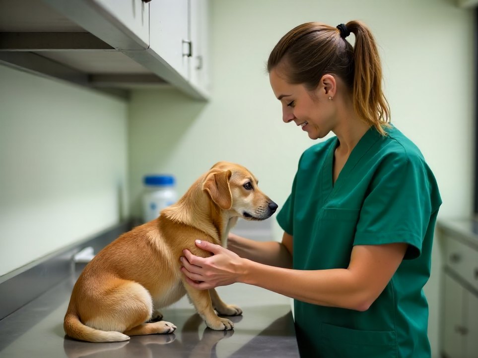 A veterinary nurse preparing a dog calmly before a routine procedure