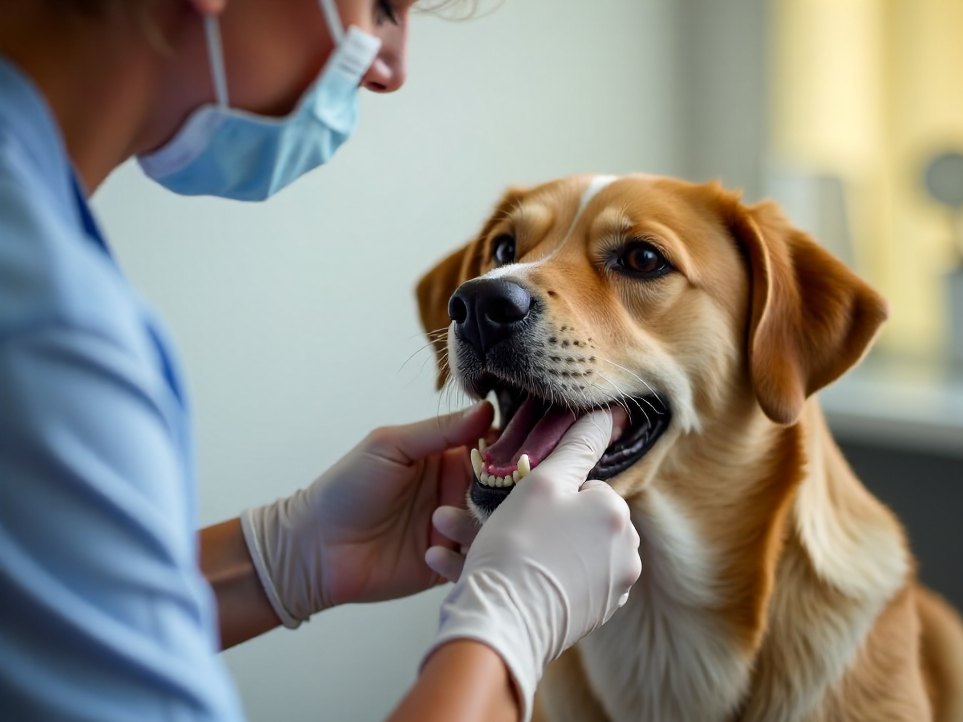 A veterinarian checking a dog's teeth during a dental check