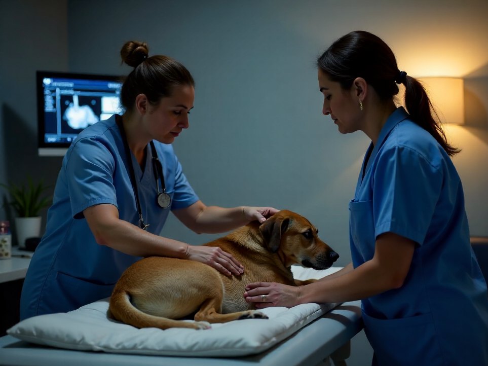 A veterinarian performing an ultrasound examination on a dog