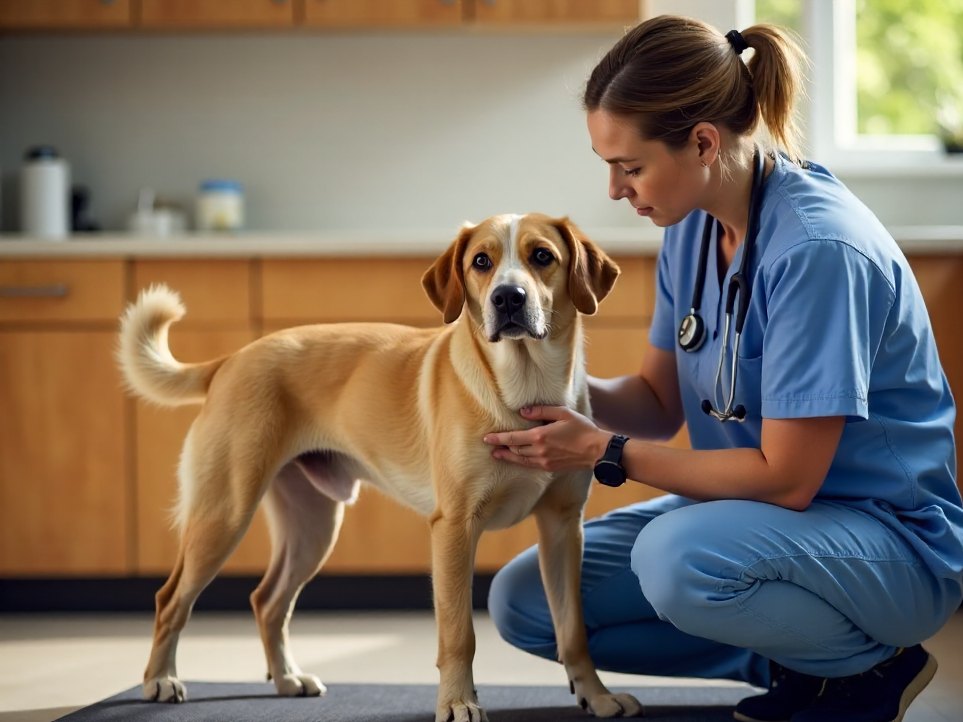A veterinarian examining an older dog's joints during a senior wellness check
