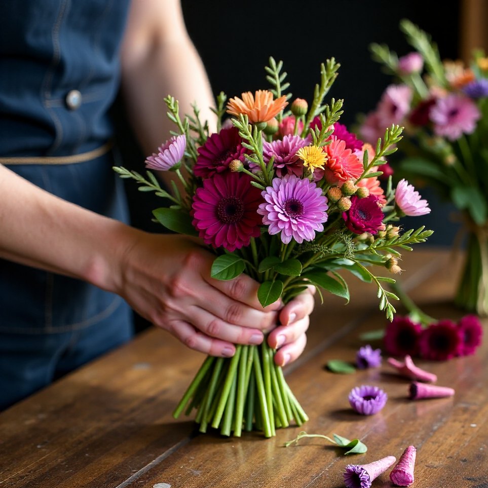 Close view of hands tying a bunch of native flowers with twine at a workbench