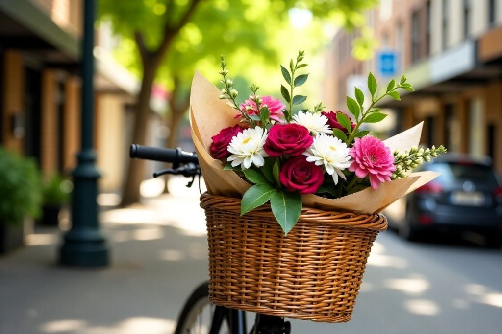 A woven delivery basket of flowers on the front of a bicycle in a leafy street