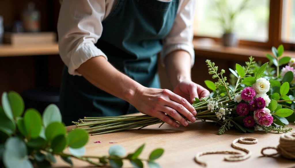 Hands arranging native Australian stems at a timber workbench