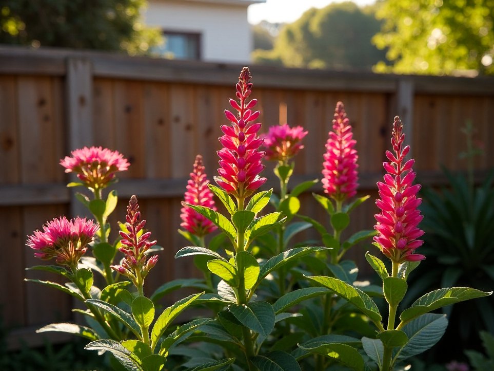 A cutting garden of native flowering shrubs behind the studio